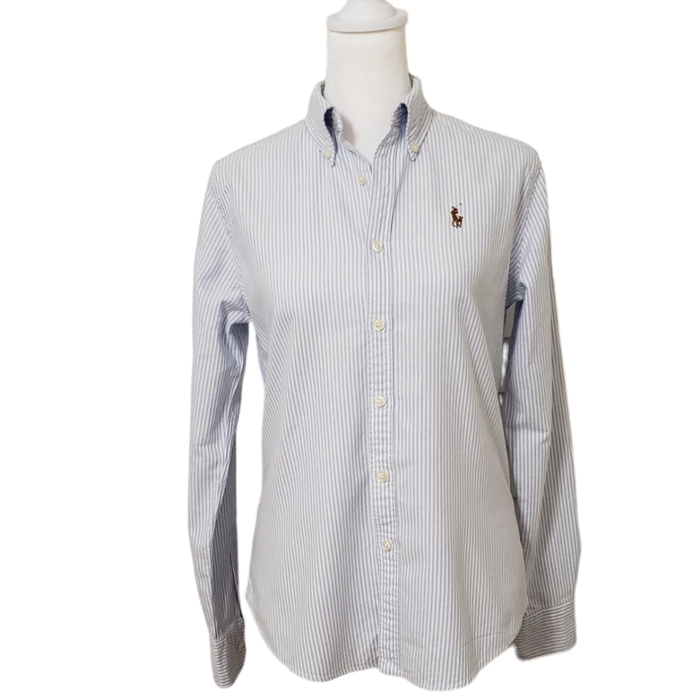 Ralph Lauren Women's Long Sleeve Striped Button Down Light Blue and White Size 4